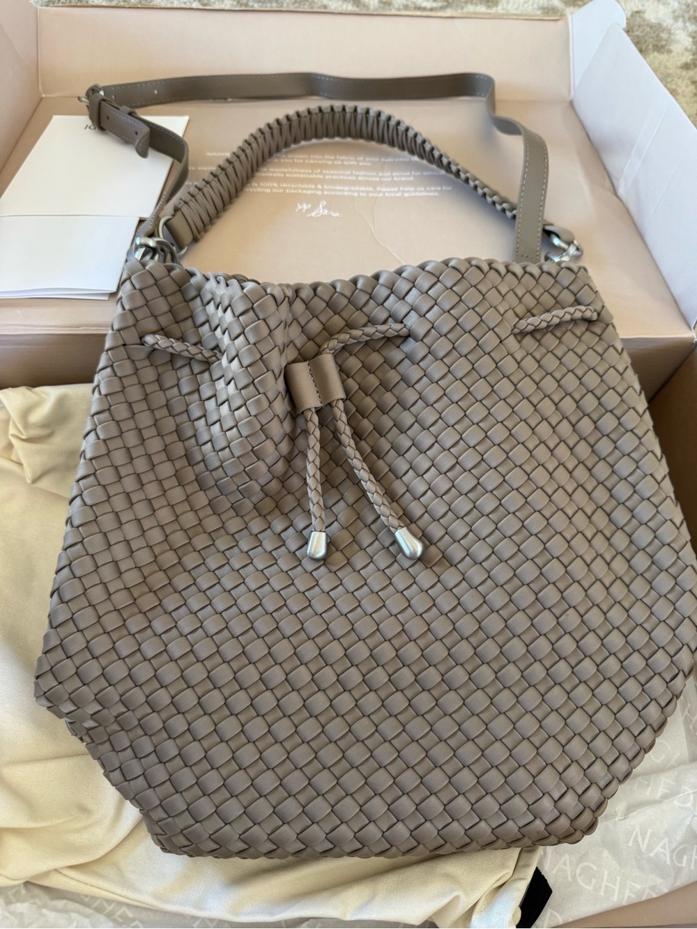 Naghedi Woven Drawstring Shoulder Bag in Taupe-Mercer large bucket